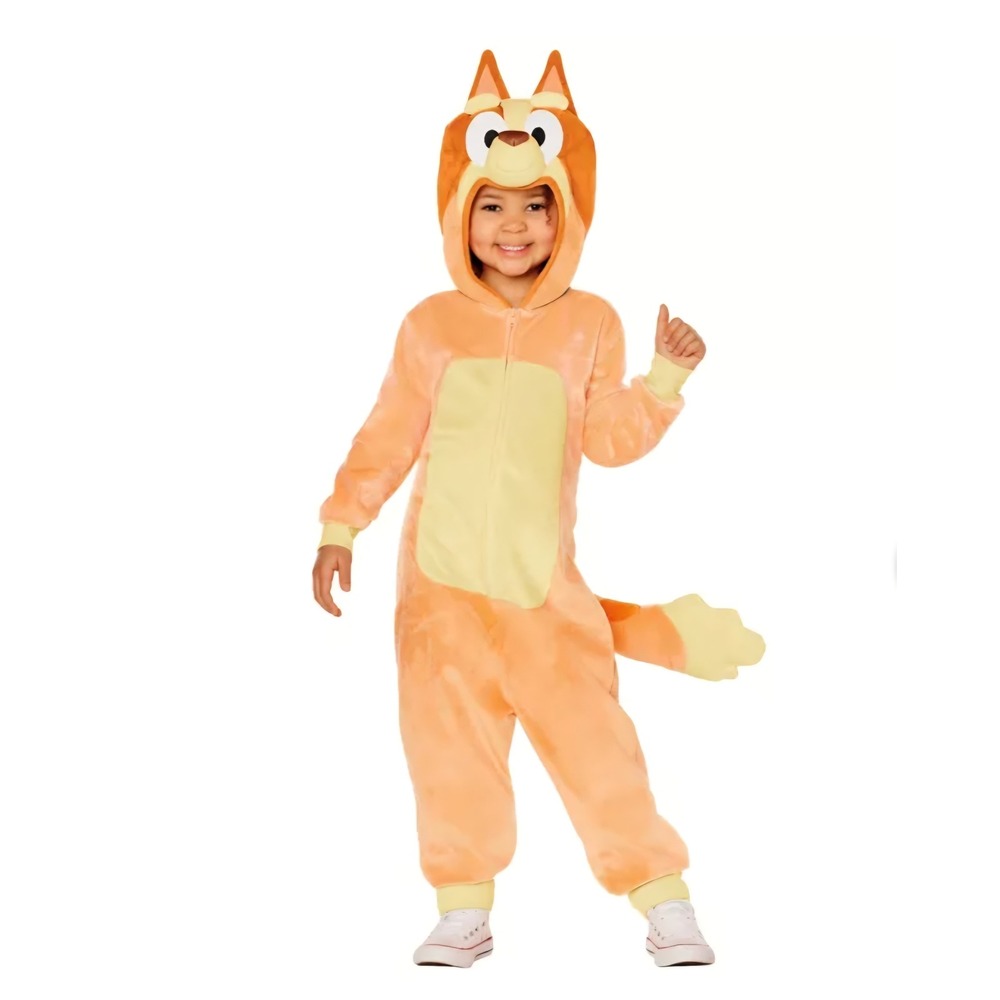 Bluey Bingo Costume Kids Size 5-6T Orange Plush Hooded Jumpsuit Set
